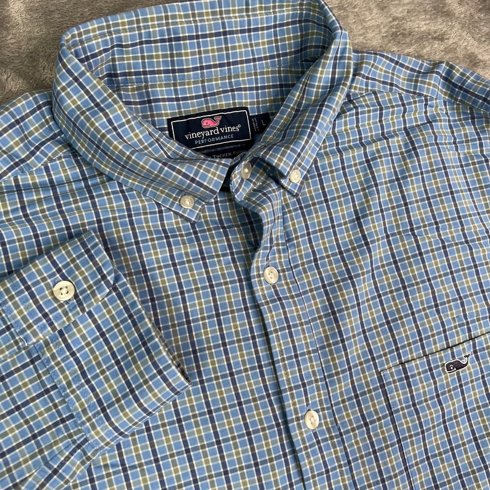 Vineyard Vines Performance Shirt Mens Large Blue‎ Plaid Classic Fit Trucker